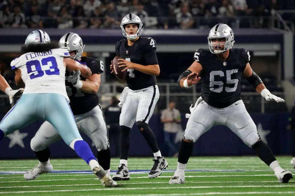 Las Vegas Raiders quarterback Aidan O'Connell (4) looks to pass during the second half of a pre ...