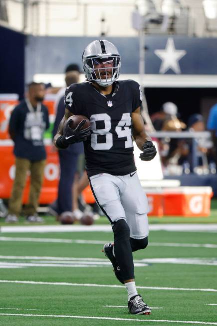 Las Vegas Raiders wide receiver Keelan Cole Sr. (84) warms up prior to a preseason NFL Football ...