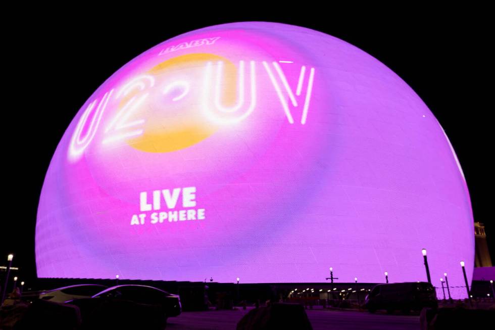 The Sphere shows an advertisement for its opening show, U2, on Tuesday, Aug. 29, 2023, in Las V ...