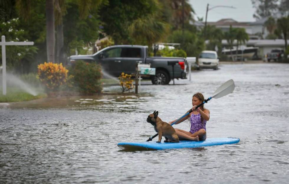 Lily Gumos, 11, of St. Pete Beach, kayaks with her French bulldog along Blind Pass Road and 86t ...