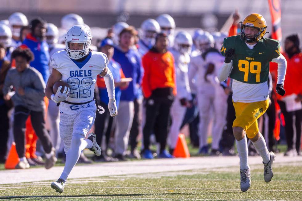 Bishop Gorman RB Micah Kaapana (22) streaks down the sideline for another long touchdown run aw ...