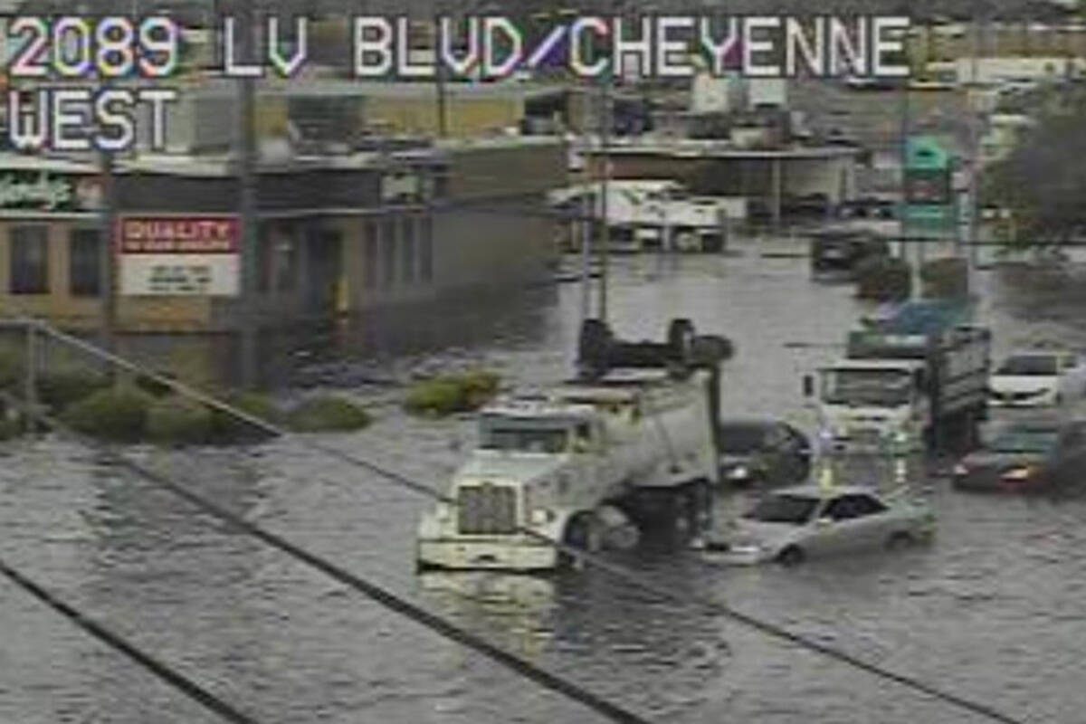 A vehicle is towed from the intersection of Las Vegas Boulevard and Cheyenne. (NDOT FASTCams)