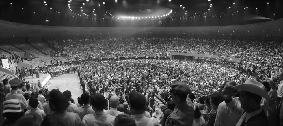 President John F. Kennedy speaks at the Las Vegas Convention Center in Las Vegas, Nevada, on Se ...