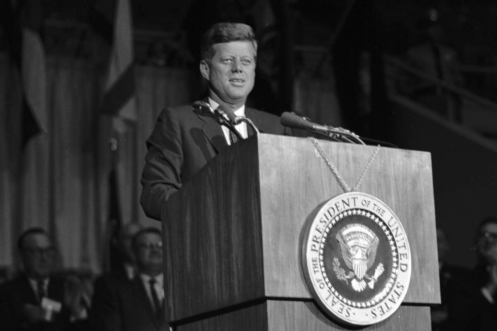 President John F. Kennedy speaks at the Las Vegas Convention Center in Las Vegas, Nevada, on Se ...