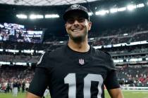 Las Vegas Raiders quarterback Jimmy Garoppolo (10) after an NFL football game against the San F ...