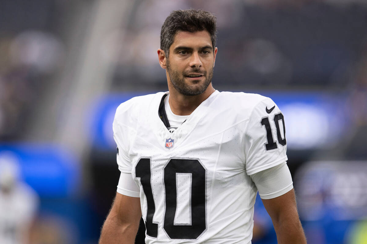 Las Vegas Raiders quarterback Jimmy Garoppolo (10) before an NFL preseason football game agains ...