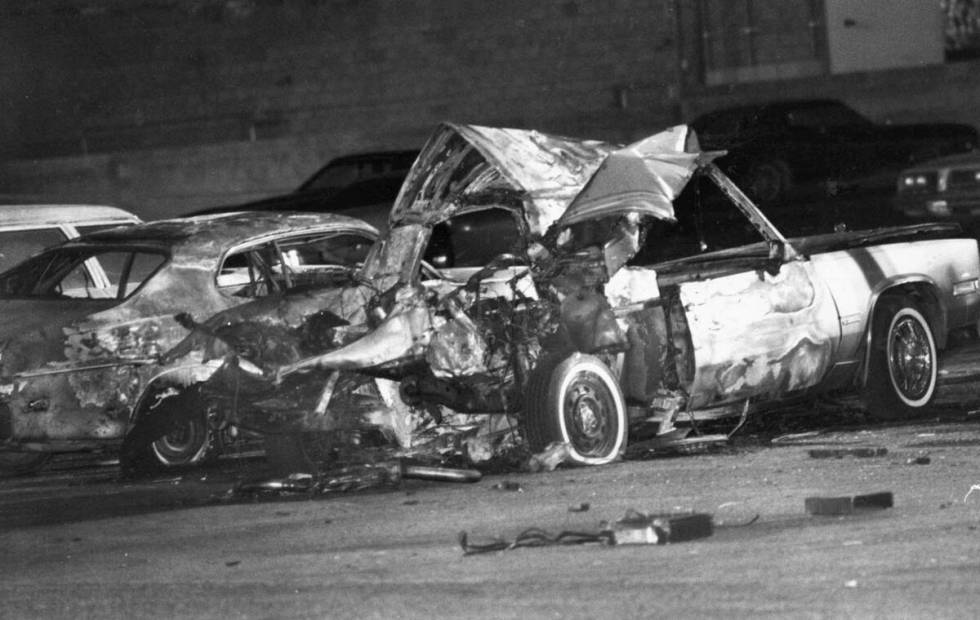 Frank "Lefty" Rosenthal's 1981 Cadillac is shown after it exploded October 4, 1982 in the Marie ...