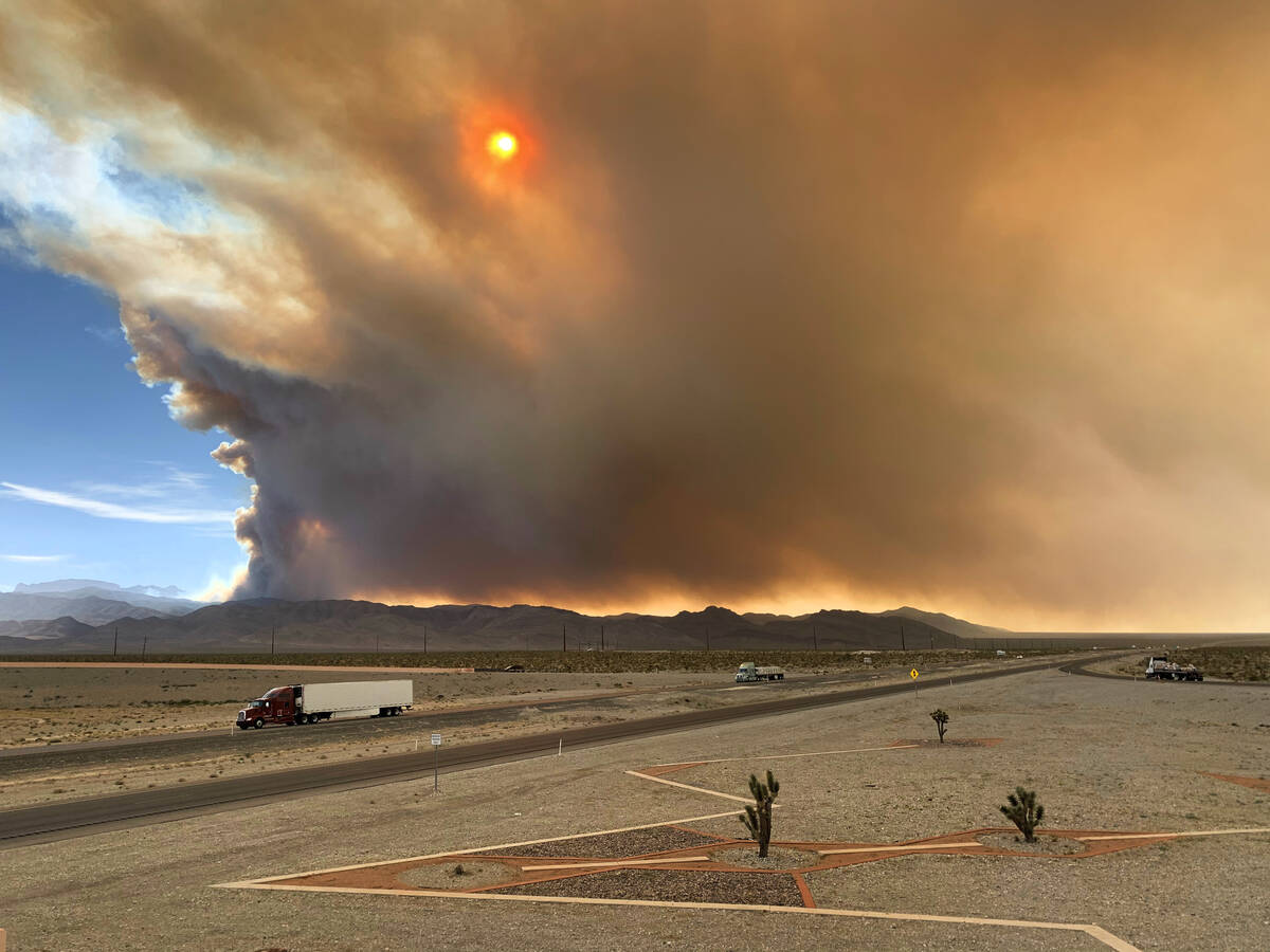 Smoke is seen from the Snow Mountain overpass and U.S. Highway 95 North on Sunday, June 28, 202 ...