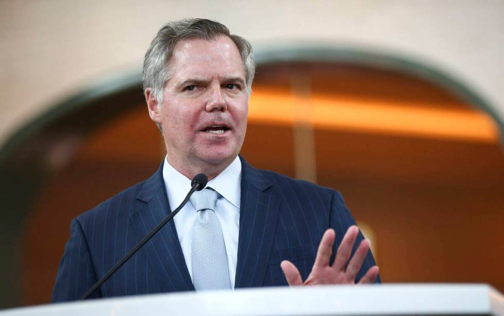 FILE - Jim Murren, MGM Resorts CEO and chairman, speaks during the ribbon cutting ceremony for ...