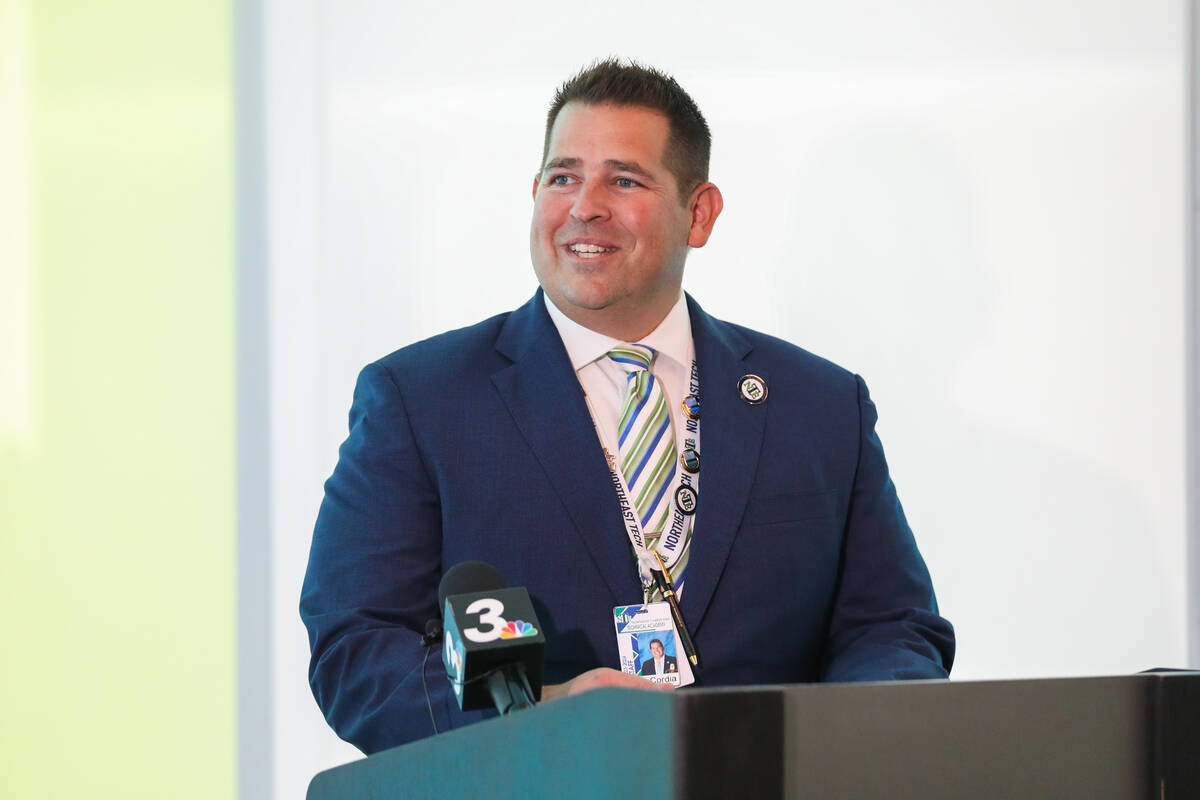 Northeast Career and Technical Academy Principal Ryan Cordia speaks at the ribbon cutting cerem ...