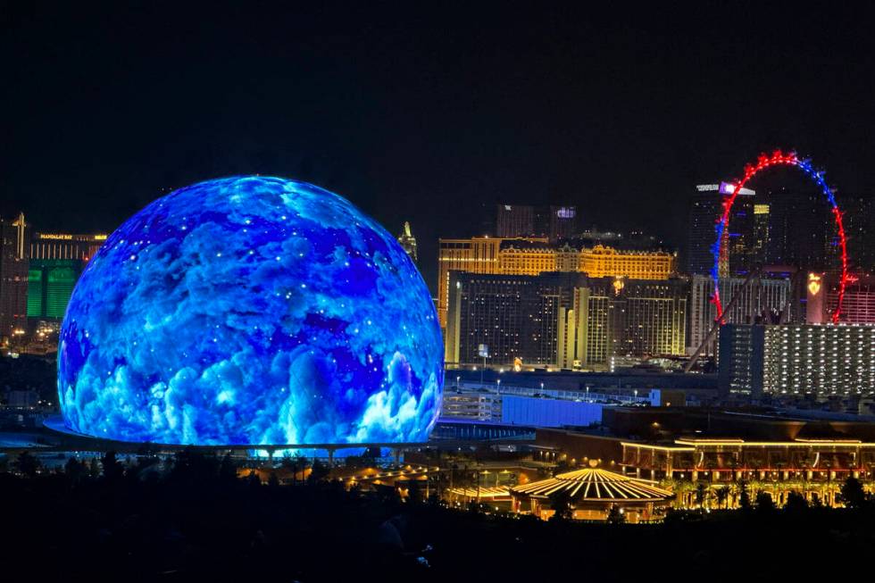 The MSG Sphere illuminates the Las Vegas skyline with a display to celebrate Independence Day a ...