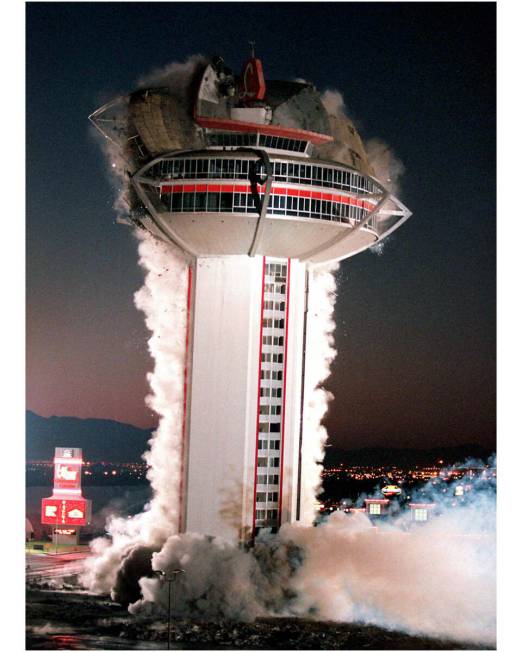The tower of the Landmark hotel-casino comes crashing down Nov. 7, 1995. (Review-Journal files)