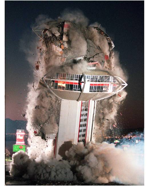 The tower of the Landmark hotel-casino comes crashing down Nov. 7, 1995. (Review-Journal files)