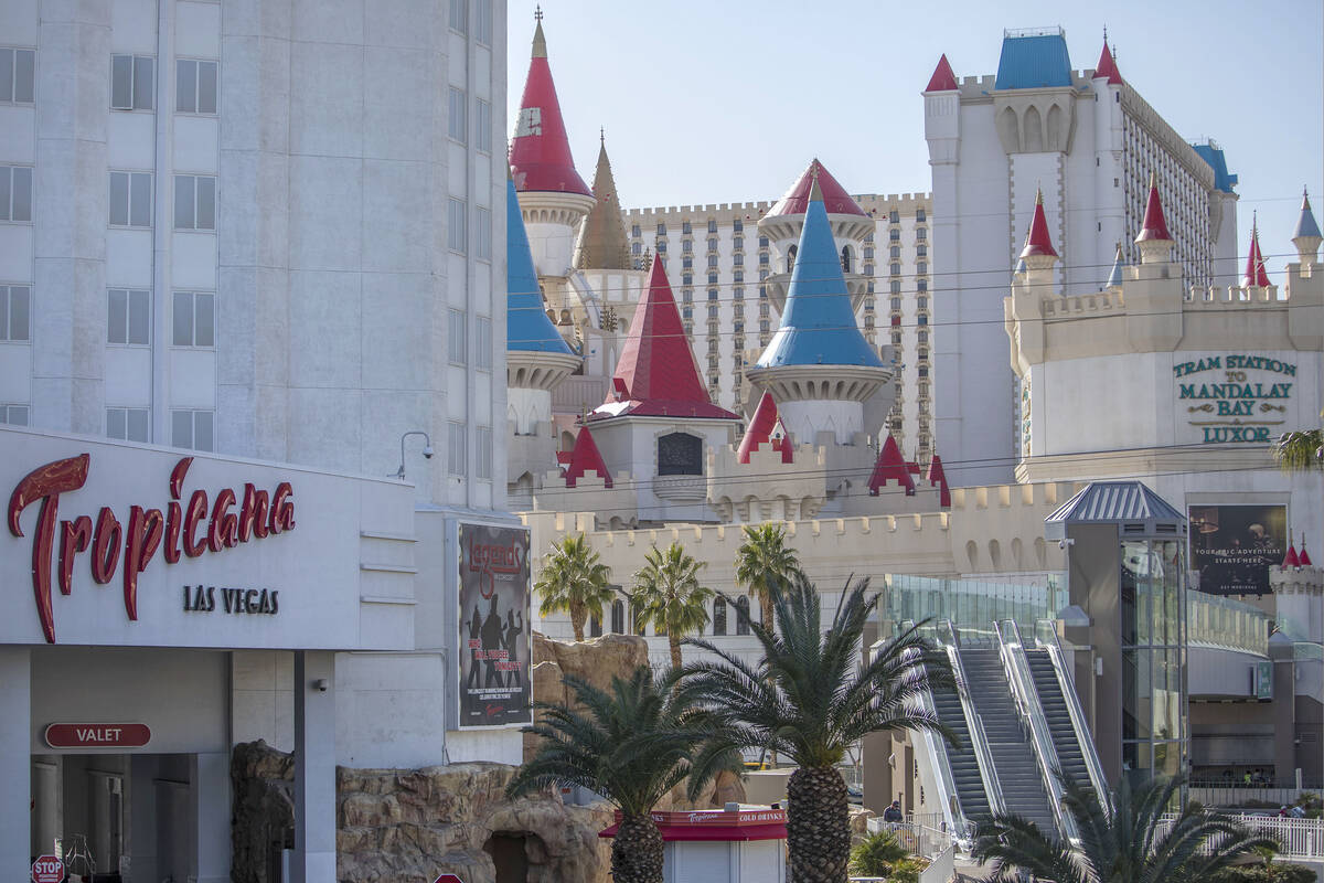 Tropicana is seen on the Strip with Excalibur in the background in 2020 in Las Vegas. (Ellen Sc ...