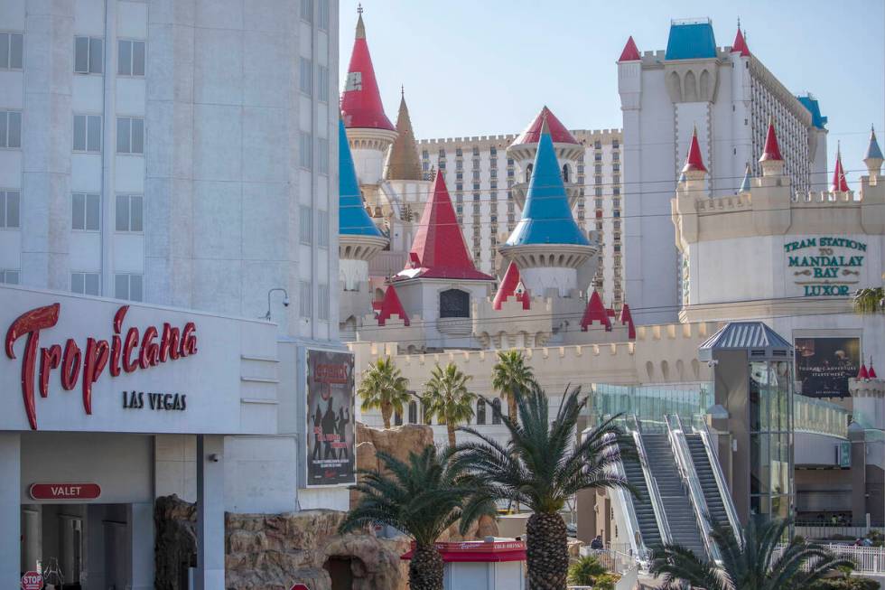 Tropicana is seen on the Strip with Excalibur in the background in 2020 in Las Vegas. (Ellen Sc ...