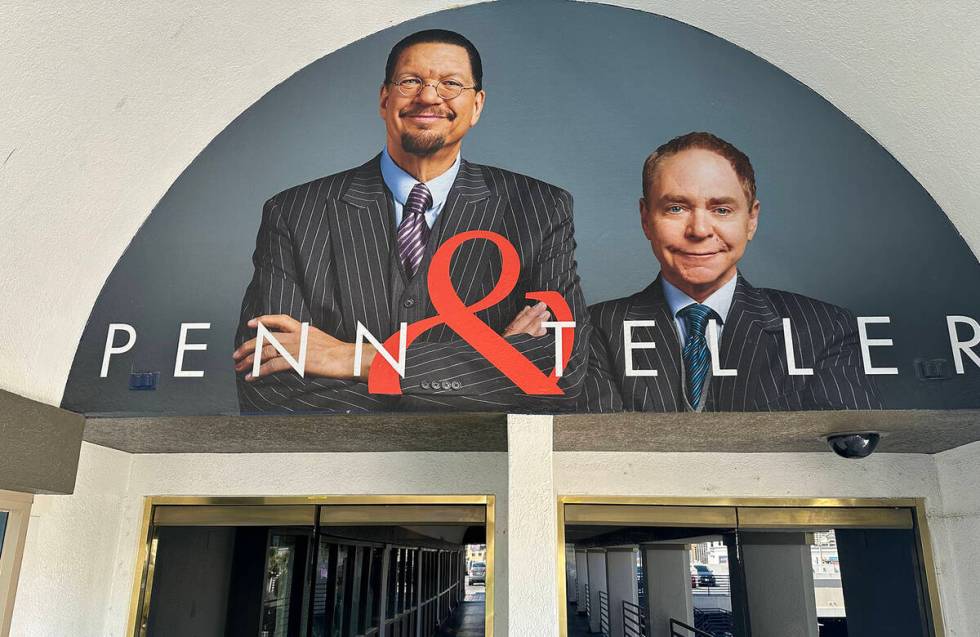 The Penn & Teller brand and portrait are shown on the east entrance leading from the Rio's park ...