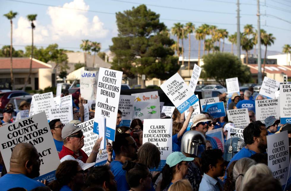 Clark County Education Association teachers union members protest outside CCSD’s Greer E ...