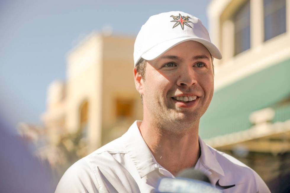 Ben Hutton, defensemen for the Vegas Golden Knights, speaks to the media prior to the annual ch ...