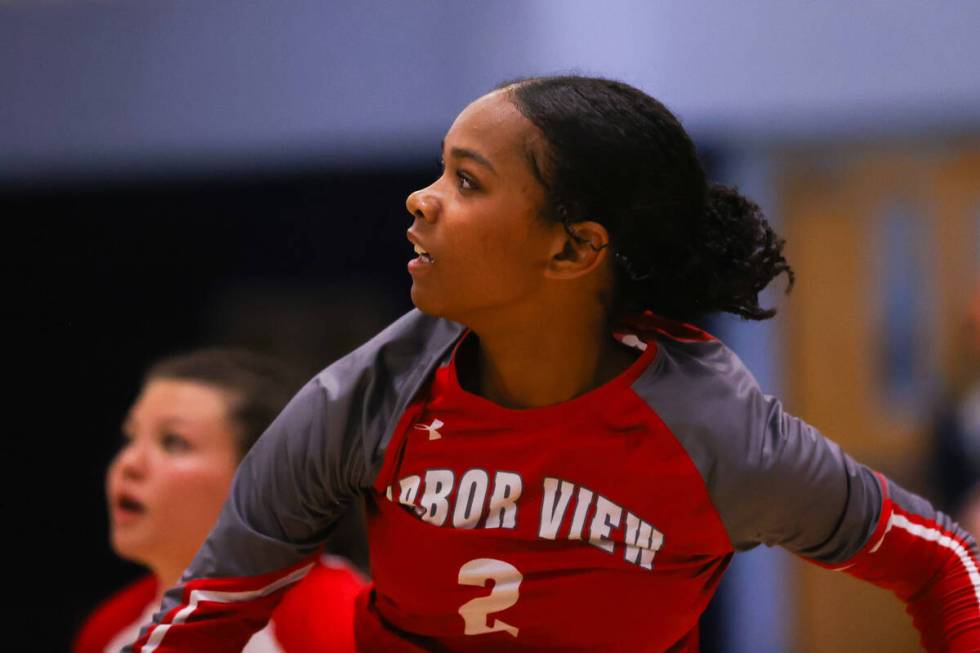 Arbor View’s Cameron Reese (2) reacts moments after spiking the ball during a volleyball ...