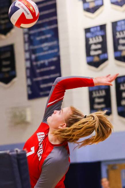 Arbor View’s Madison Garvin (7) spikes the ball during a volleyball game between Centenn ...