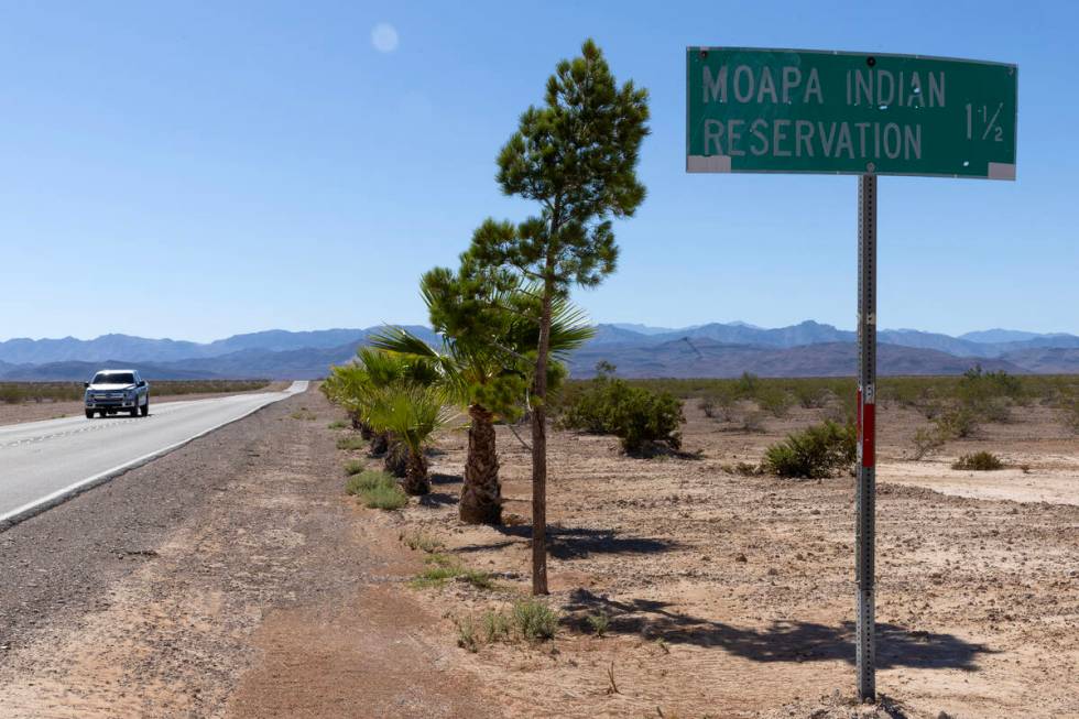 The road to the Moapa Indian Reservation on Tuesday, Sept. 5, 2023. (Ellen Schmidt/Las Vegas Re ...