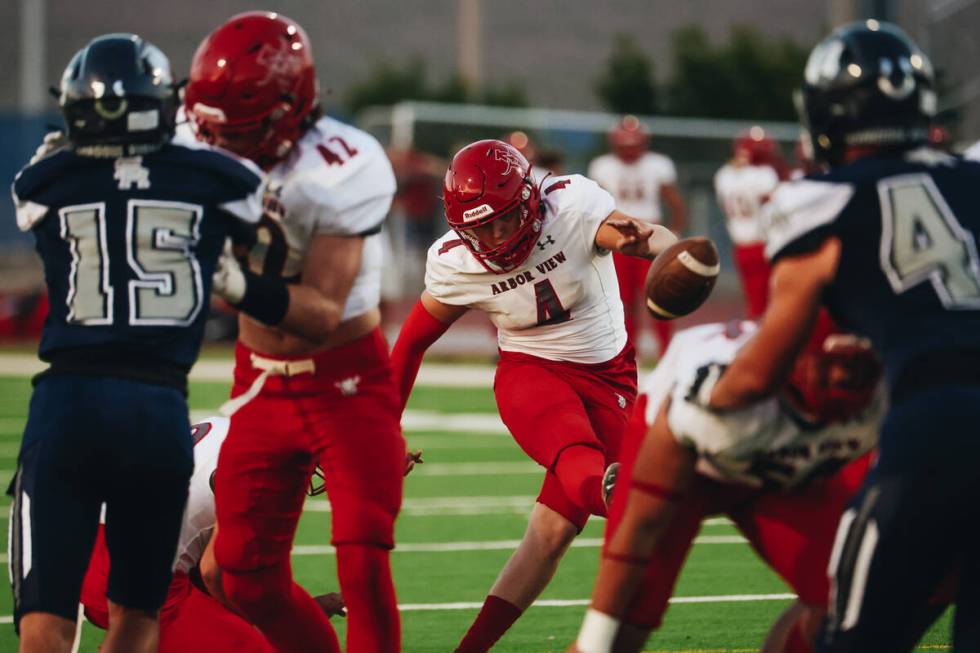 Arbor View kicker Jeau Vinatieri (4) kicks the ball during a field goal attempt during a game a ...