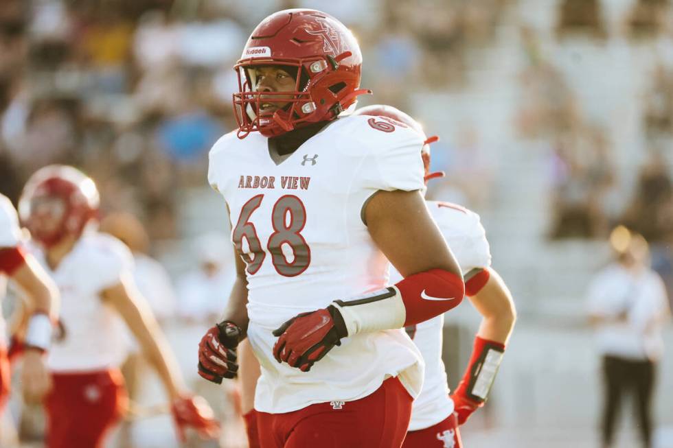 Arbor View offensive tackle Jared Smith (68) walks onto the field during a game against Shadow ...