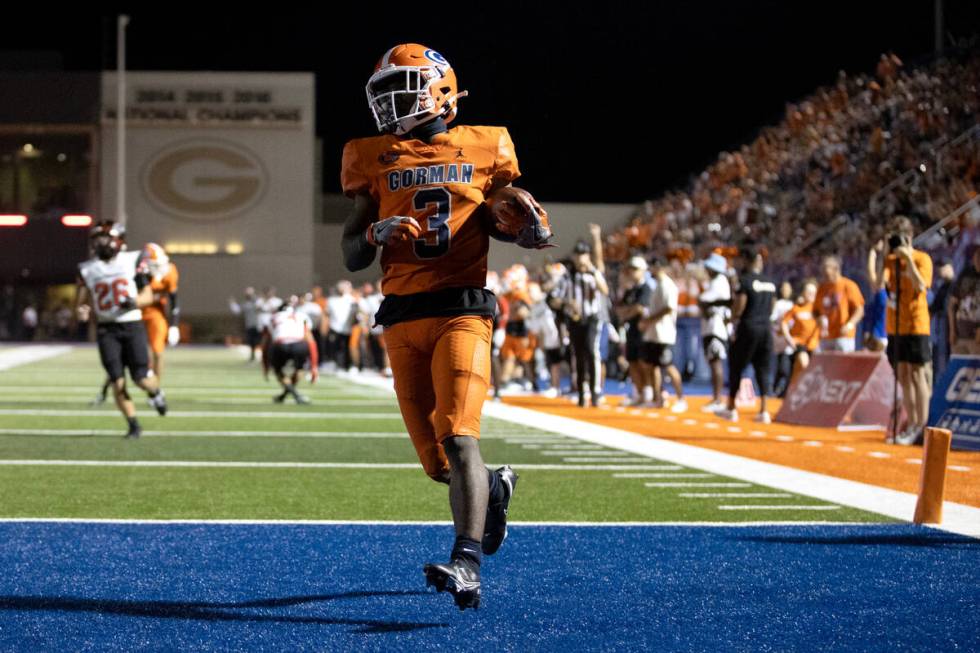 Bishop Gorman’s Devon Rice (3) scores a touchdown during the second half of a high schoo ...