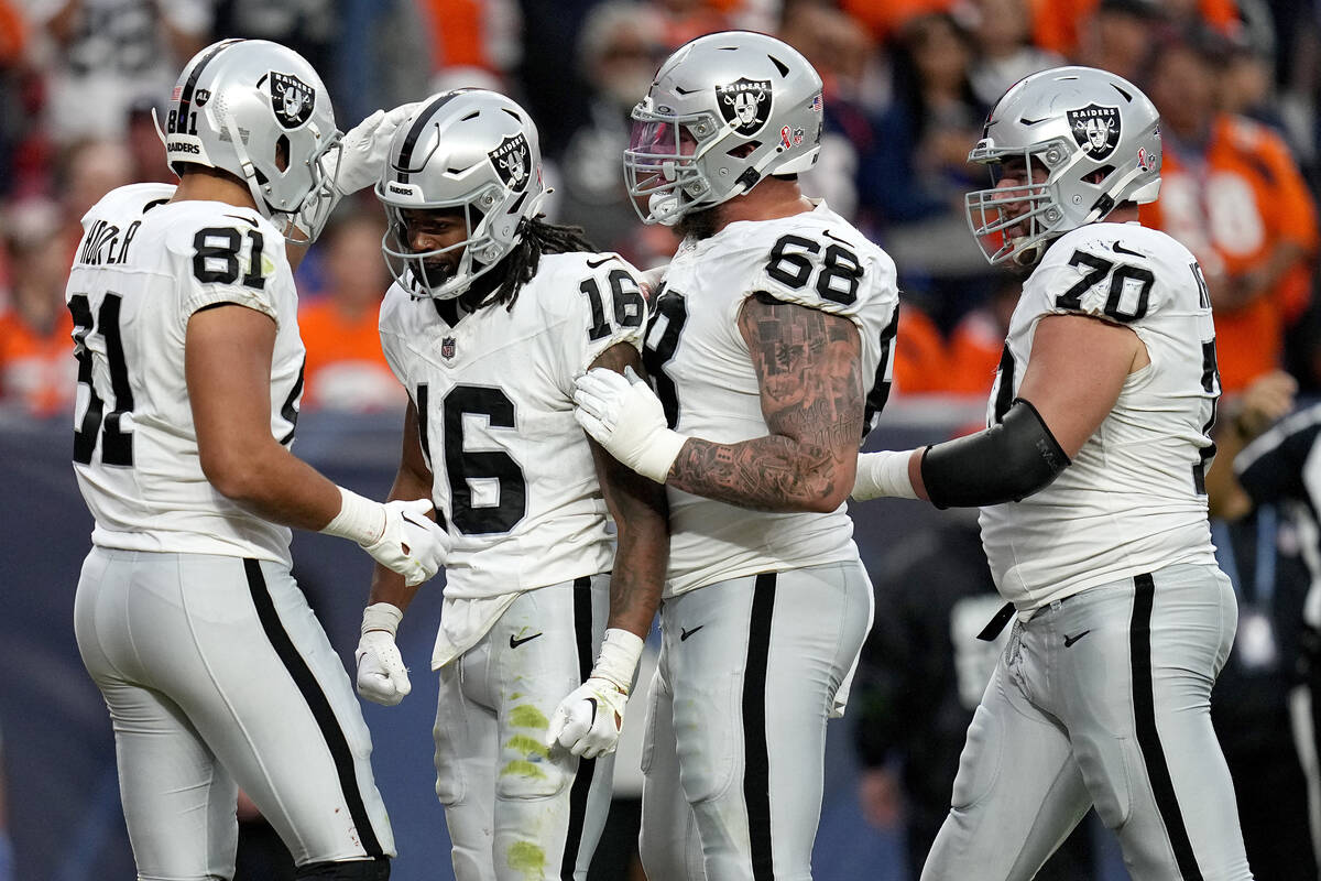 Las Vegas Raiders wide receiver Jakobi Meyers (16) celebrates his touchdown during the second h ...