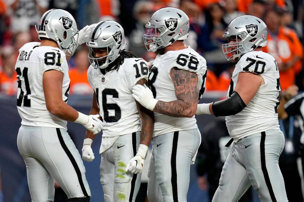 Las Vegas Raiders wide receiver Jakobi Meyers (16) celebrates his touchdown during the second h ...