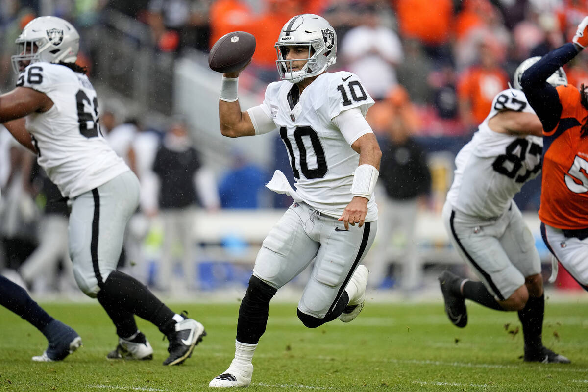 Las Vegas Raiders quarterback Jimmy Garoppolo (10) looks to pass against the Denver Broncos dur ...