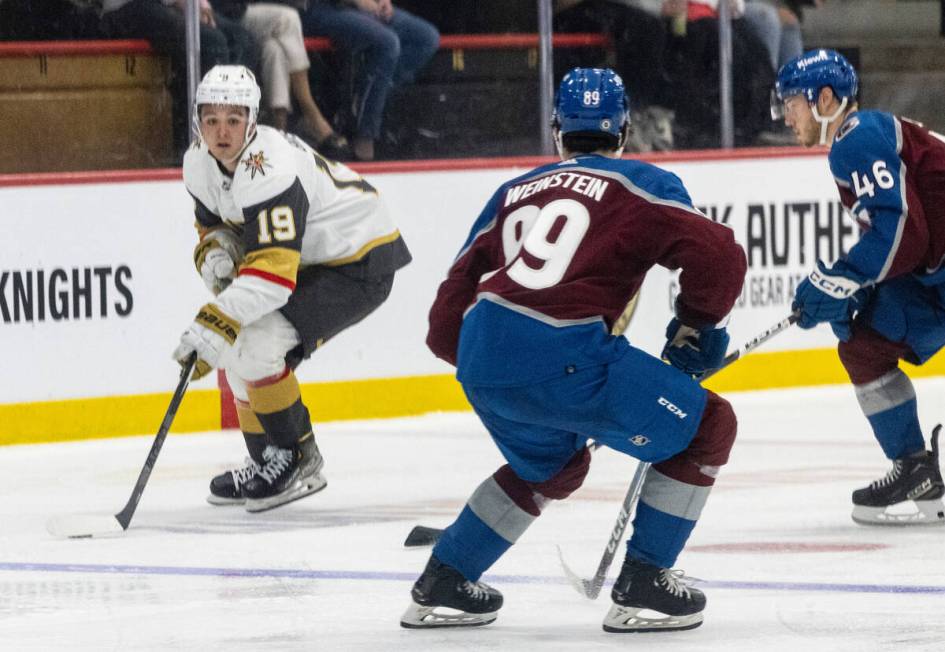 Golden Knights prospect forward Brendan Brisson (19) skates with the puck during a rookie camp ...