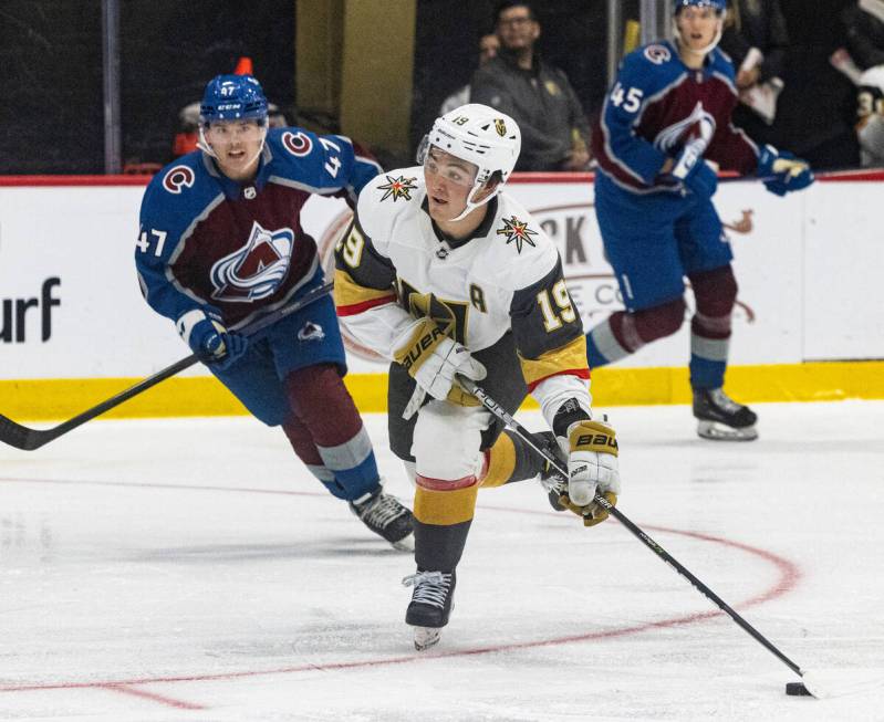 Golden Knights prospect forward Brendan Brisson (19) skates with the puck during a rookie camp ...