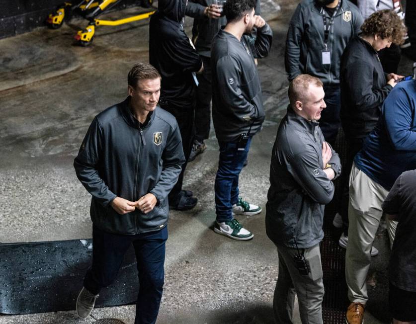 Golden Knights former defenseman Nick Holden, left, arrives at City National Arena to watche th ...