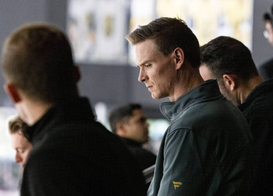 Golden Knights former defenseman Nick Holden watches a rookie camp game between Golden Knights ...