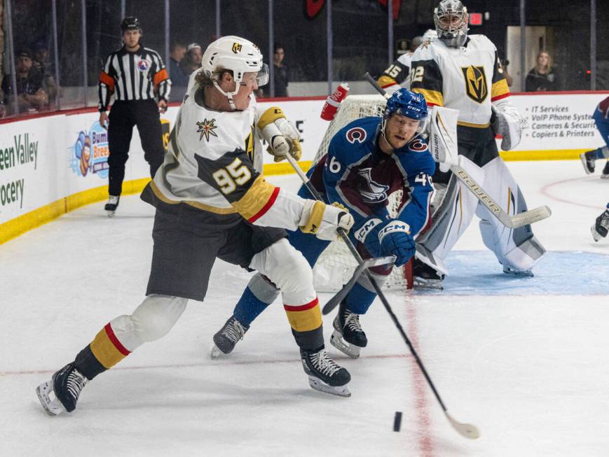 Colorado Avalanche Ryan Sandelin (46) and Golden Knights prospect defenseman Joe Fleming (95) c ...