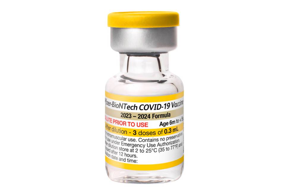 This photo provided by Pfizer shows a multi-dose vial of the company's updated COVID vaccine fo ...