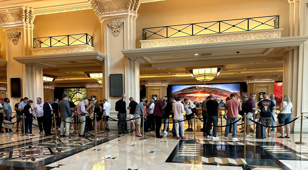 A line of guests wait to check-in Mandalay Bay on Tuesday, Sept. 12, 2023. (L.E. Baskow/Las Veg ...