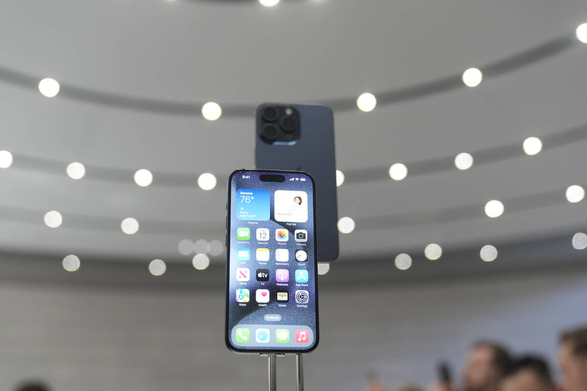 The iPhone 15 Pro is displayed during an announcement of new products on the Apple campus, Tues ...