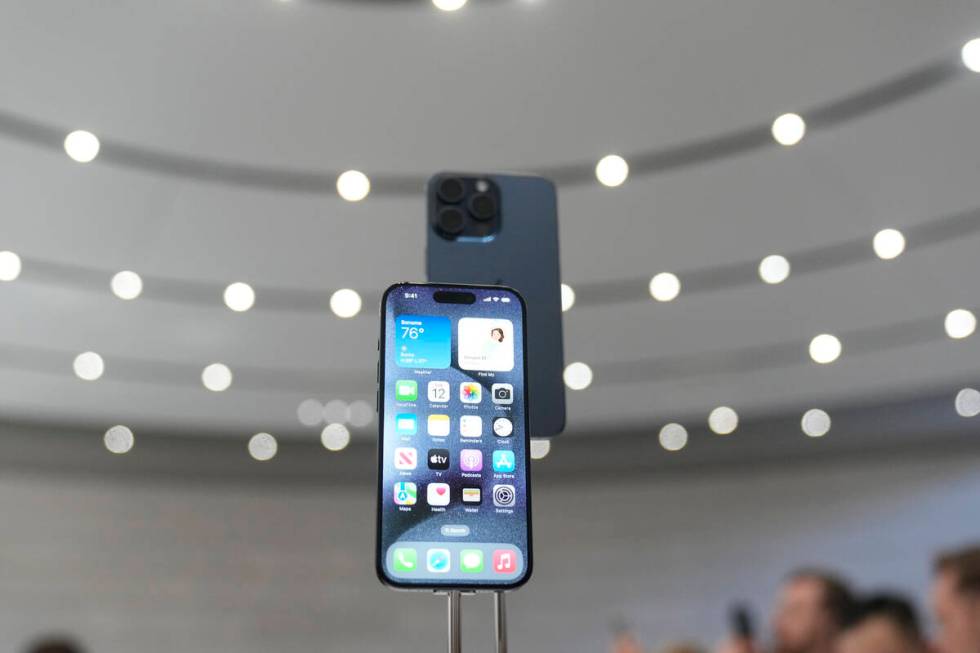 The iPhone 15 Pro is displayed during an announcement of new products on the Apple campus, Tues ...
