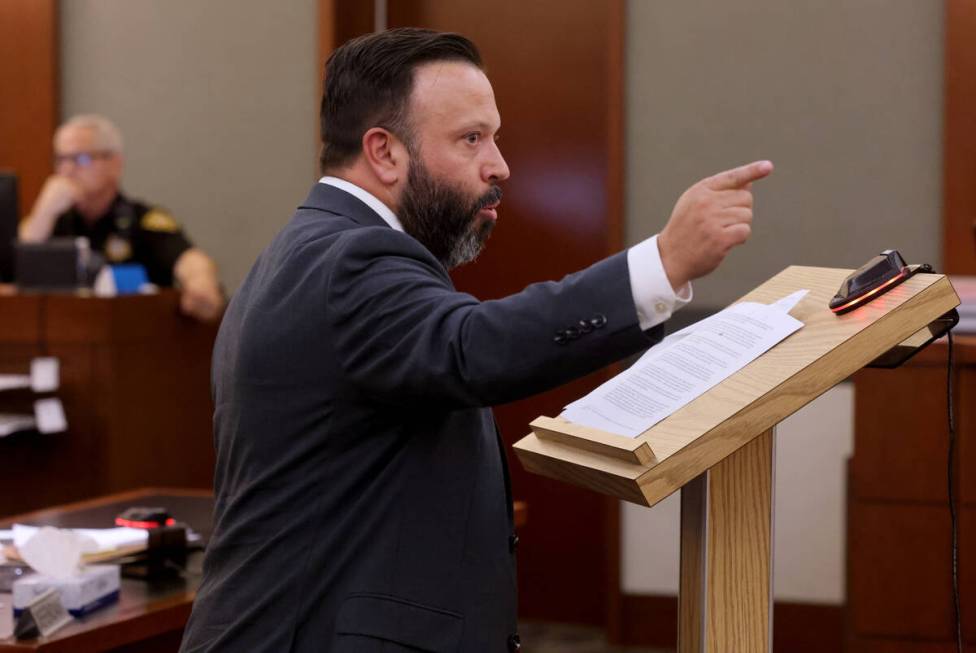 Clark County School District attorney Ethan Thomas argues during a court hearing at the Regiona ...