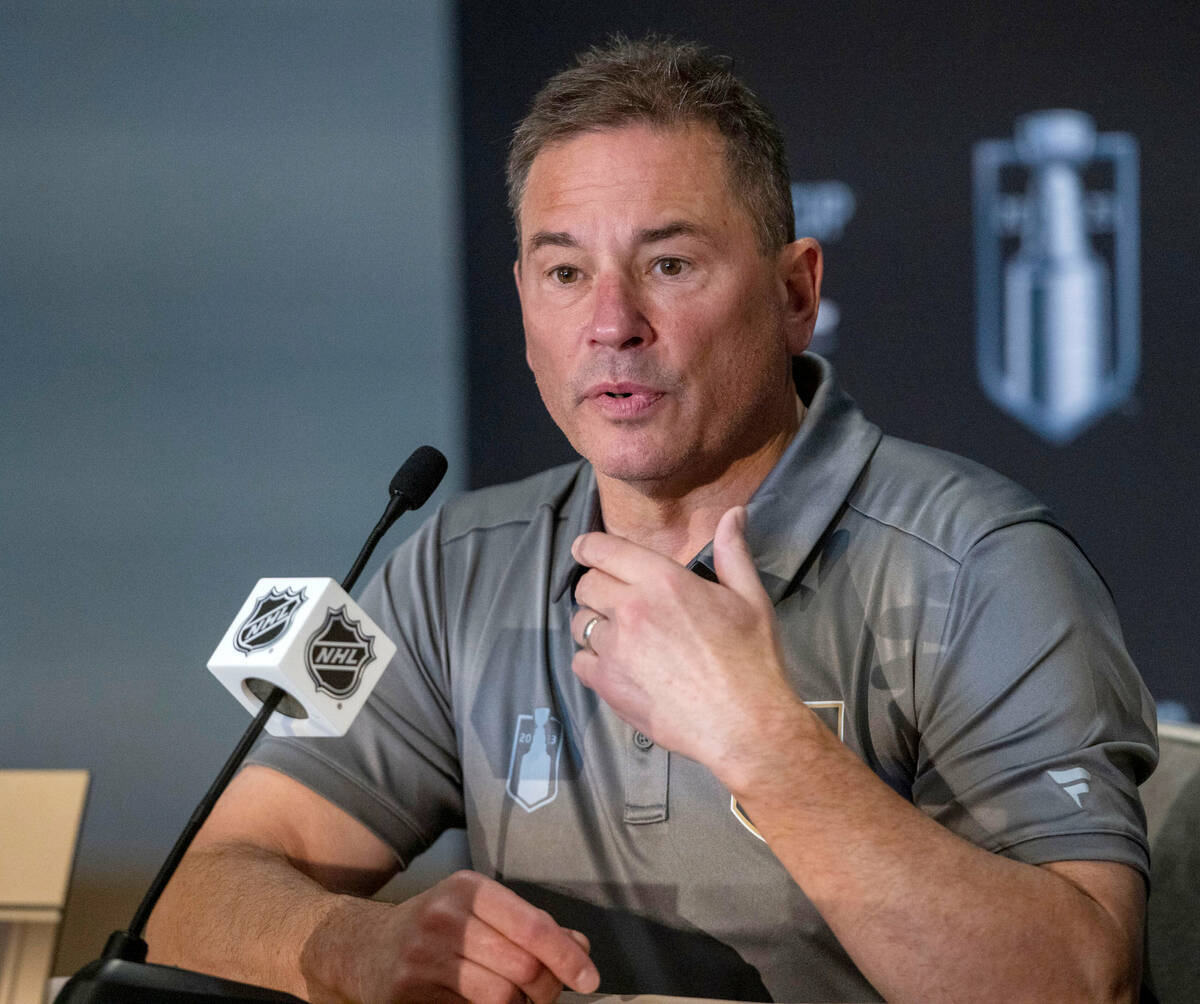 Vegas Golden Knights head coach Bruce Cassidy answers questions during a news conference at The ...