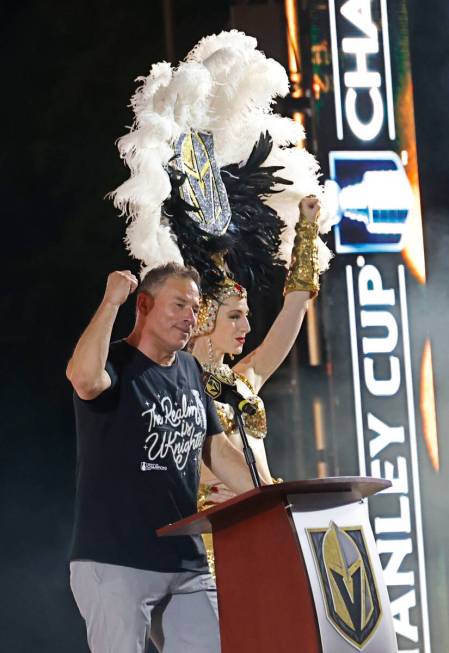 Golden Knights head coach Bruce Cassidy celebrates during a rally at Toshiba Plaza after the Go ...