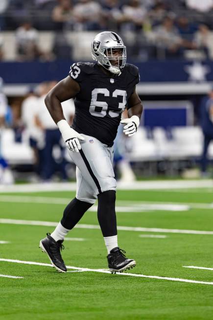 Las Vegas Raiders guard McClendon Curtis (63) is seen during the second half of an NFL football ...