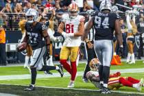 Raiders cornerback Sam Webb (27) nearly scores after an interception and run back against the S ...