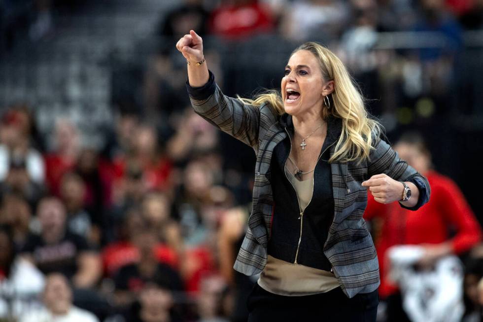 Las Vegas Aces head coach Becky Hammon shouts from the sidelines during the second half of Game ...