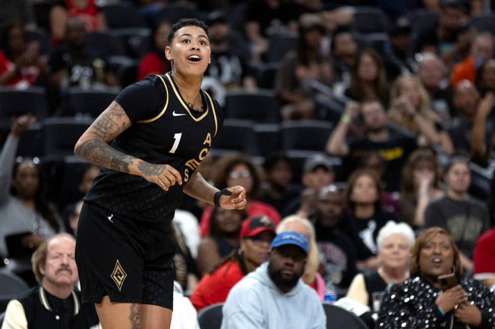 Las Vegas Aces guard Kierstan Bell (1) watches the ball after shooting during the second half o ...