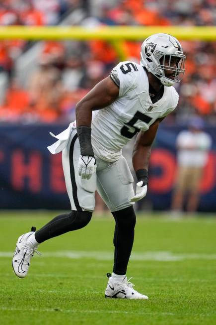 Las Vegas Raiders linebacker Divine Diablo (5) looks on against the Denver Broncos during an NF ...