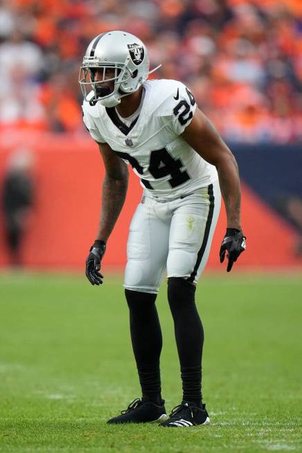 Las Vegas Raiders cornerback Marcus Peters (24) lines up against the Denver Broncos during an N ...