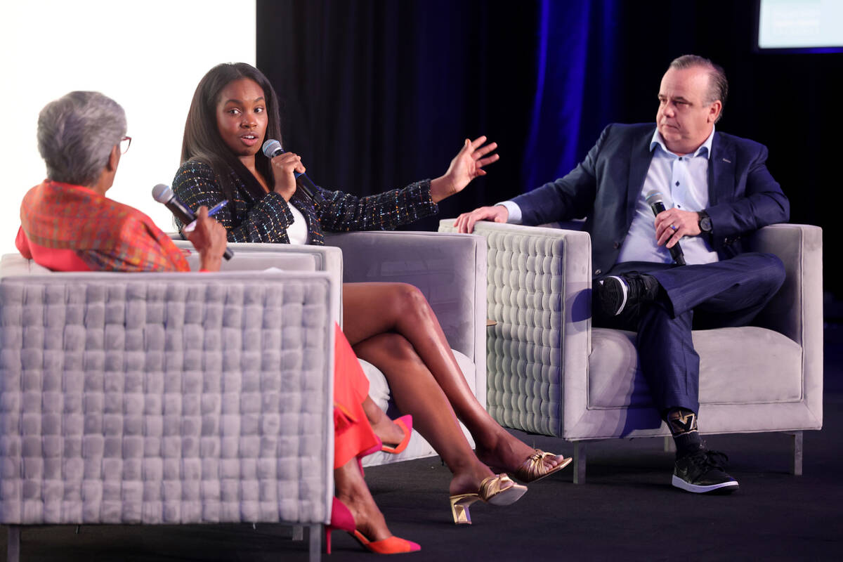 Moderator Punam Mathur, left, interviews Pilar Harris, senior director of corporate social resp ...